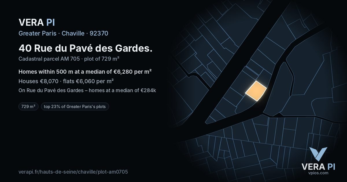 40 Rue du Pavé des Gardes, Chaville at night – the plot lit, the parcels around coloured by the prices near them