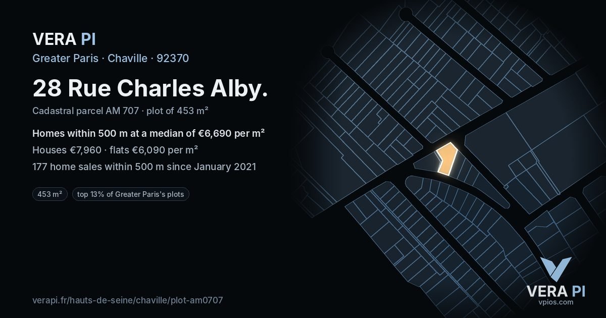 28 Rue Charles Alby, Chaville at night – the plot lit, the parcels around coloured by the prices near them