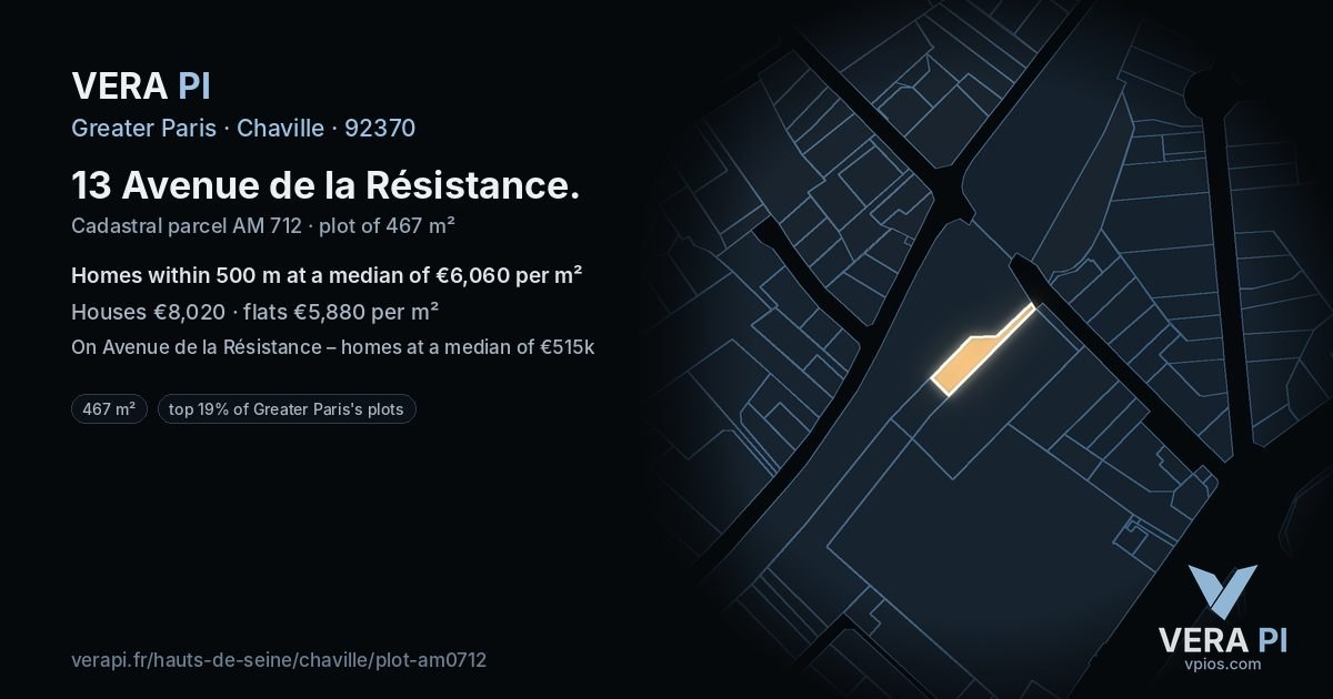 13 Avenue de la Résistance, Chaville at night – the plot lit, the parcels around coloured by the prices near them