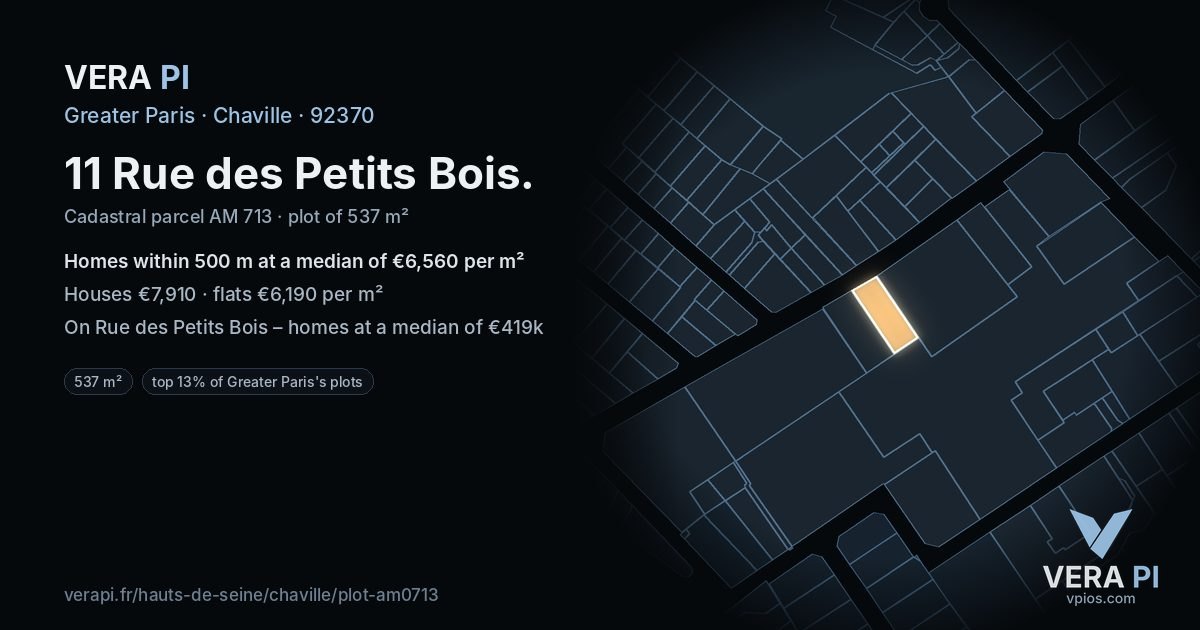 11 Rue des Petits Bois, Chaville at night – the plot lit, the parcels around coloured by the prices near them