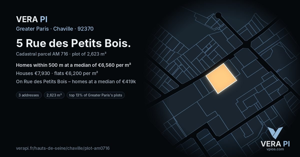5 Rue des Petits Bois, Chaville at night – the plot lit, the parcels around coloured by the prices near them