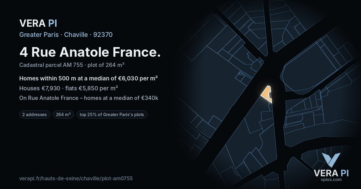 4 Rue Anatole France, Chaville at night – the plot lit, the parcels around coloured by the prices near them