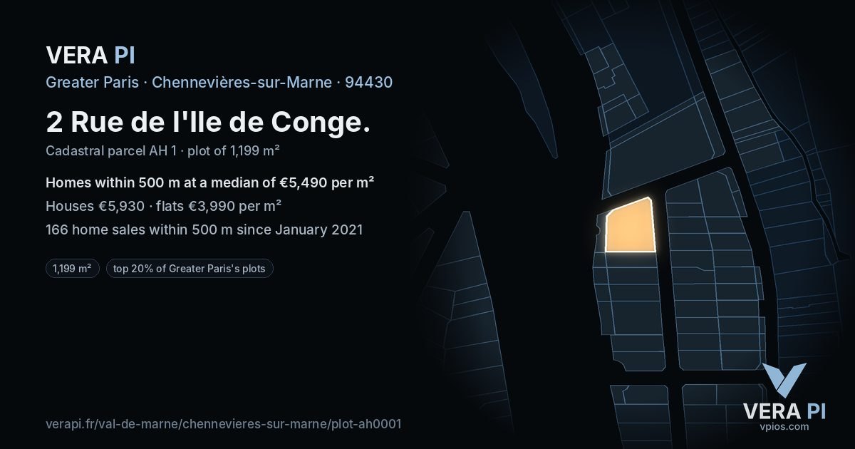2 Rue de l'Ile de Conge, Chennevières-sur-Marne at night – the plot lit, the parcels around coloured by the prices near them
