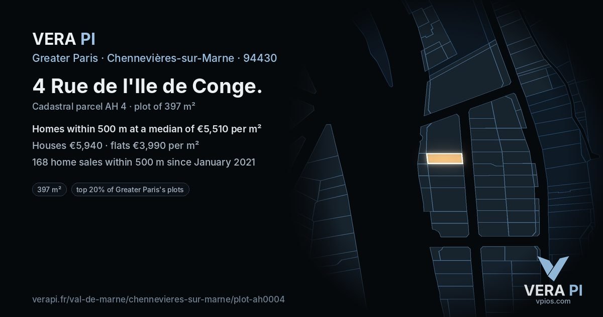 4 Rue de l'Ile de Conge, Chennevières-sur-Marne at night – the plot lit, the parcels around coloured by the prices near them