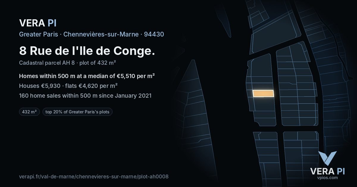 8 Rue de l'Ile de Conge, Chennevières-sur-Marne at night – the plot lit, the parcels around coloured by the prices near them