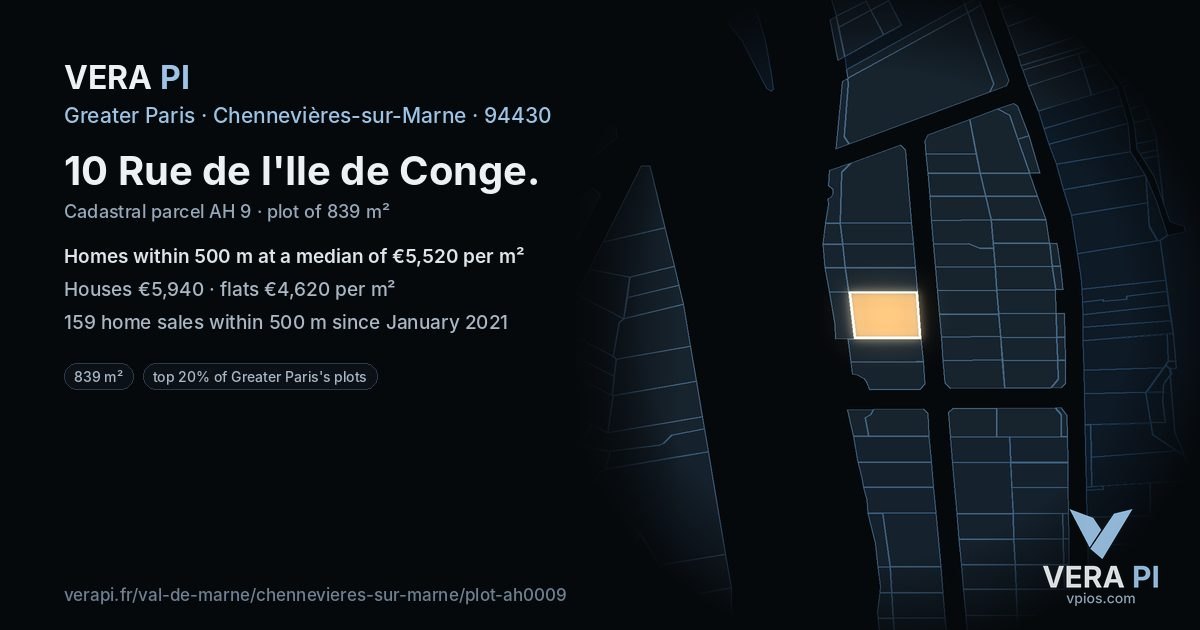 10 Rue de l'Ile de Conge, Chennevières-sur-Marne at night – the plot lit, the parcels around coloured by the prices near them