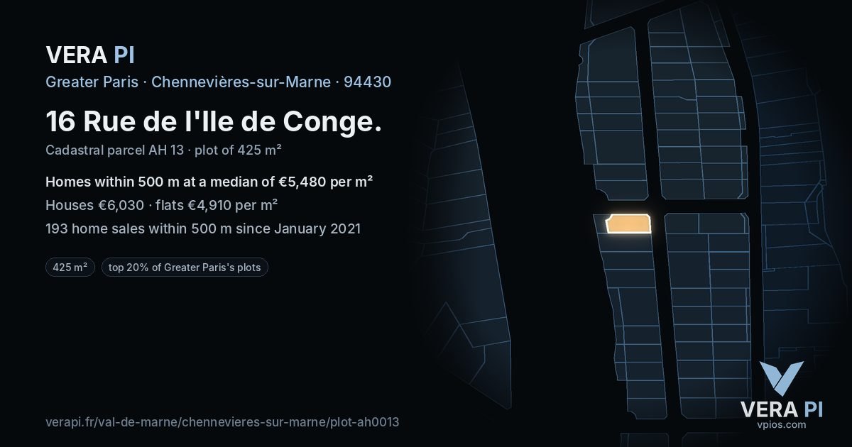 16 Rue de l'Ile de Conge, Chennevières-sur-Marne at night – the plot lit, the parcels around coloured by the prices near them