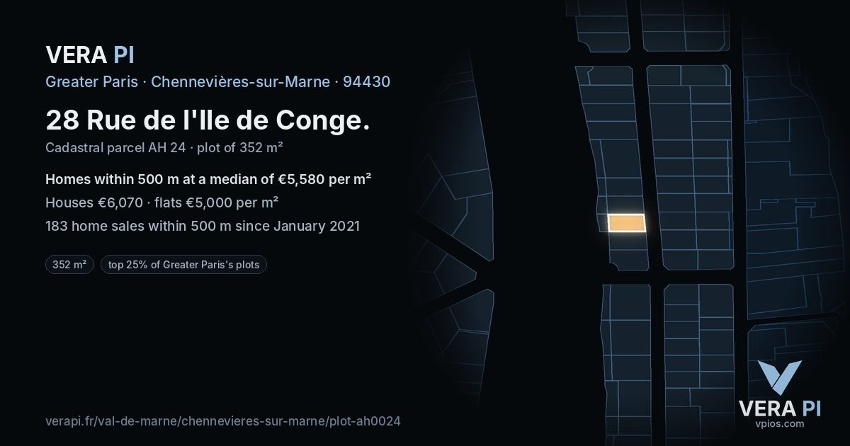 28 Rue de l'Ile de Conge, Chennevières-sur-Marne at night – the plot lit, the parcels around coloured by the prices near them