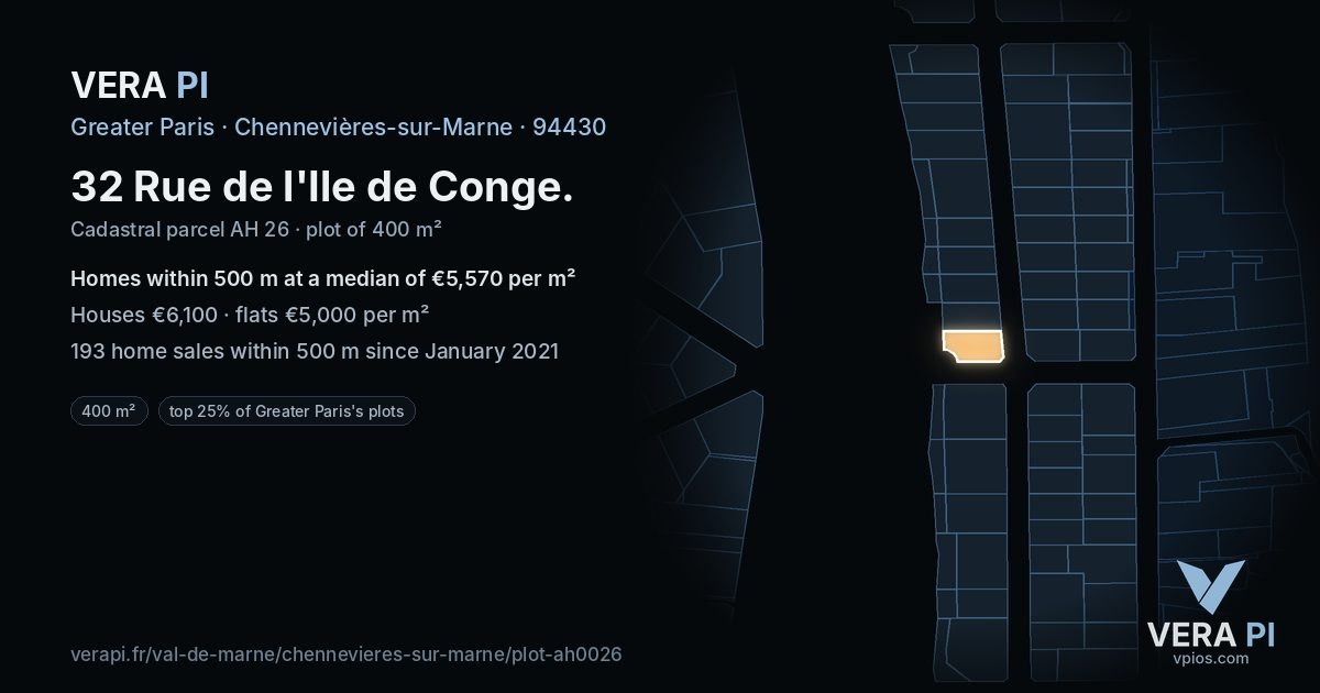 32 Rue de l'Ile de Conge, Chennevières-sur-Marne at night – the plot lit, the parcels around coloured by the prices near them