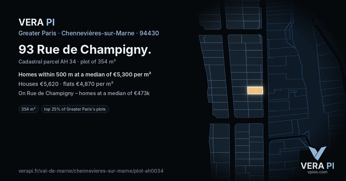 93 Rue de Champigny, Chennevières-sur-Marne at night – the plot lit, the parcels around coloured by the prices near them