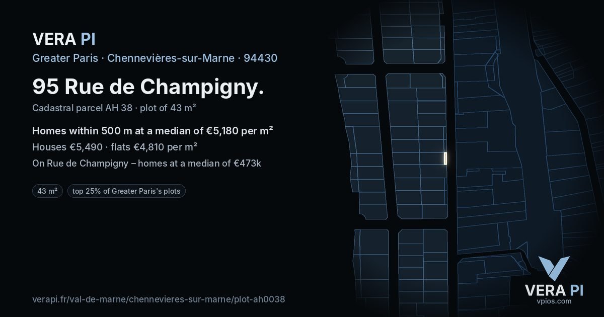 95 Rue de Champigny, Chennevières-sur-Marne at night – the plot lit, the parcels around coloured by the prices near them