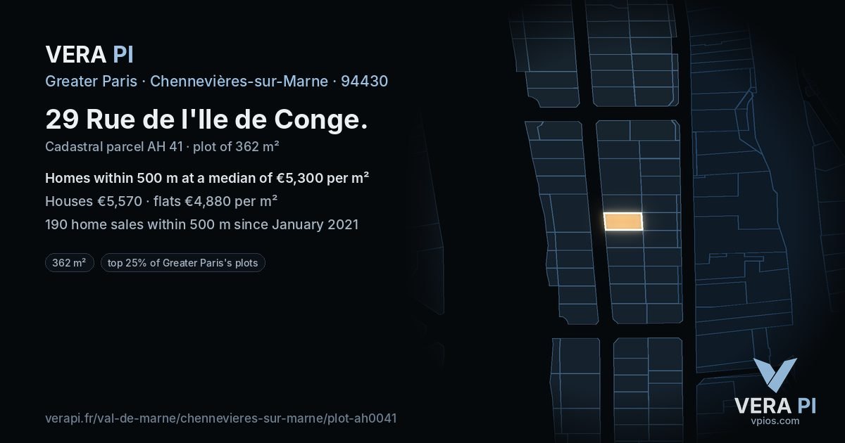 29 Rue de l'Ile de Conge, Chennevières-sur-Marne at night – the plot lit, the parcels around coloured by the prices near them