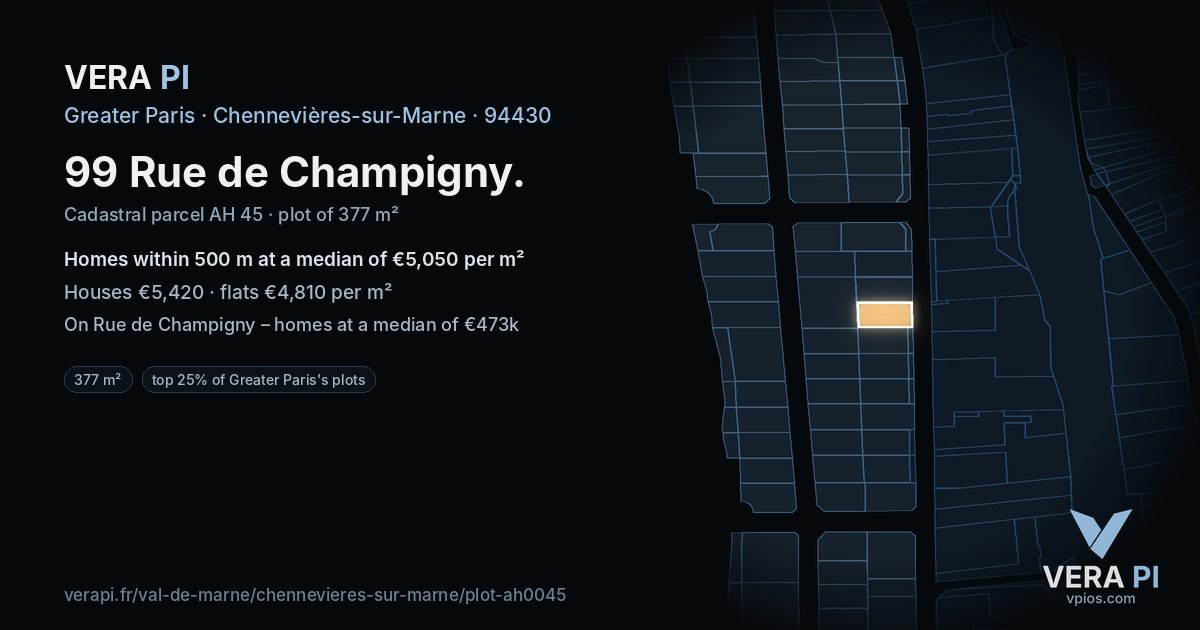 99 Rue de Champigny, Chennevières-sur-Marne at night – the plot lit, the parcels around coloured by the prices near them