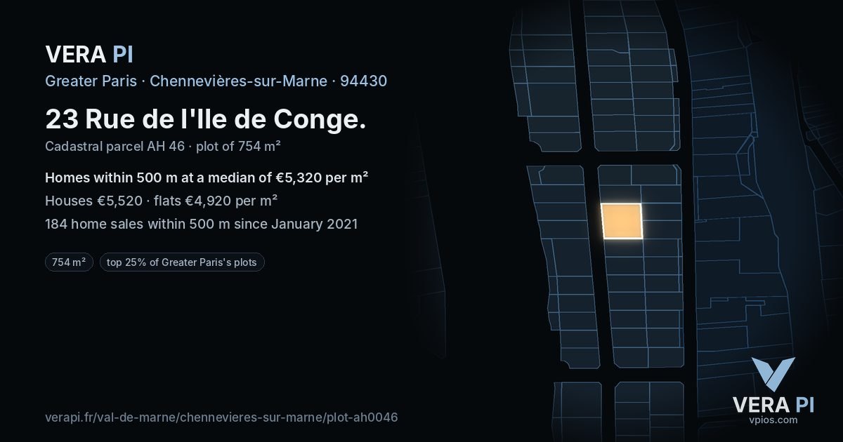 23 Rue de l'Ile de Conge, Chennevières-sur-Marne at night – the plot lit, the parcels around coloured by the prices near them