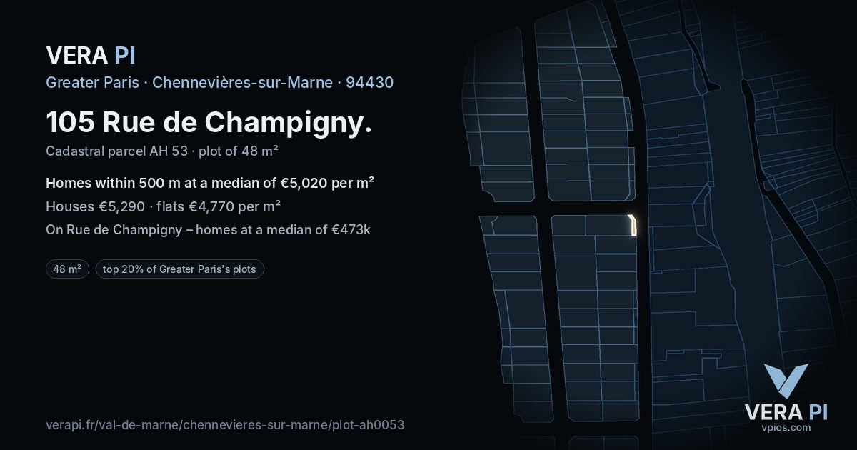 105 Rue de Champigny, Chennevières-sur-Marne at night – the plot lit, the parcels around coloured by the prices near them