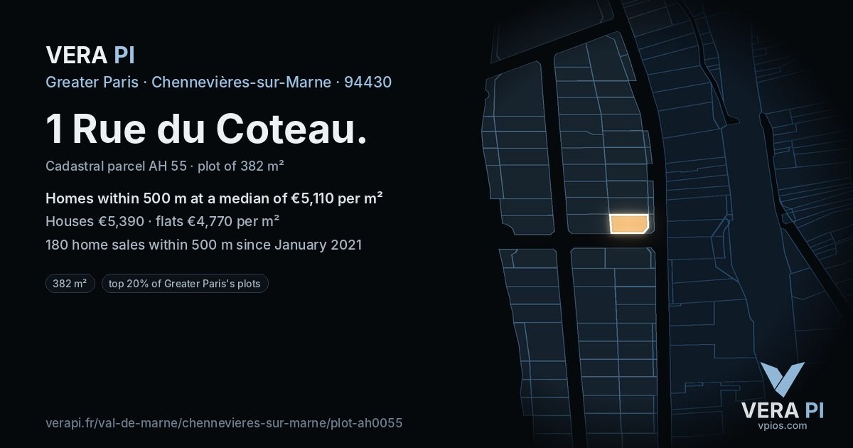 1 Rue du Coteau, Chennevières-sur-Marne at night – the plot lit, the parcels around coloured by the prices near them