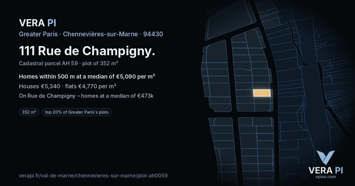 111 Rue de Champigny, Chennevières-sur-Marne at night – the plot lit, the parcels around coloured by the prices near them