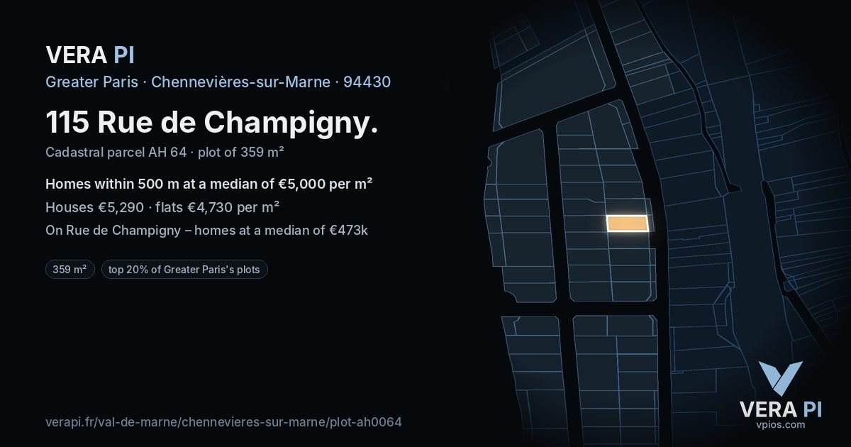 115 Rue de Champigny, Chennevières-sur-Marne at night – the plot lit, the parcels around coloured by the prices near them
