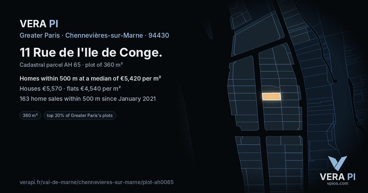11 Rue de l'Ile de Conge, Chennevières-sur-Marne at night – the plot lit, the parcels around coloured by the prices near them