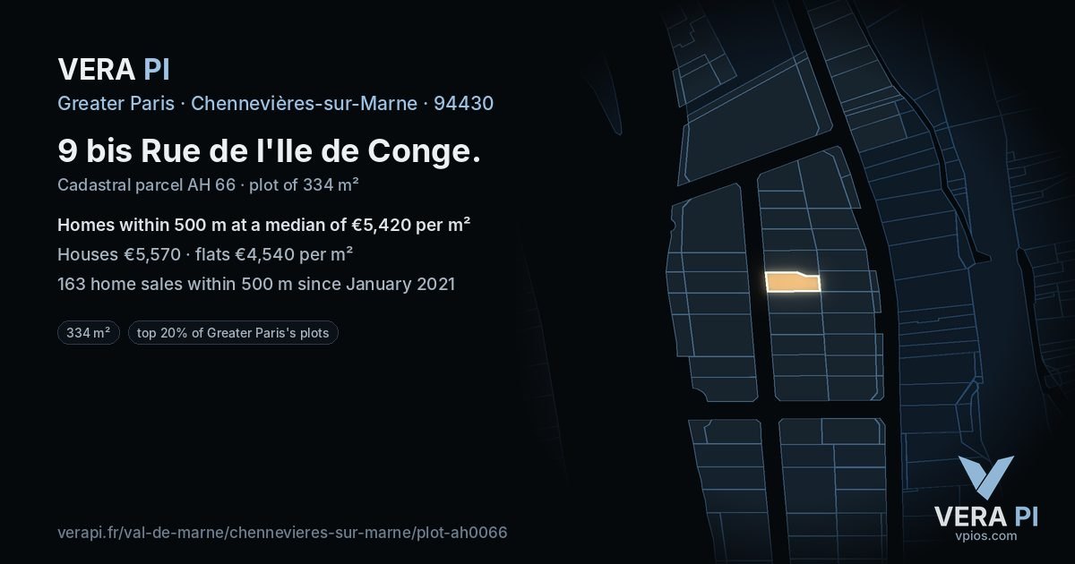 9 bis Rue de l'Ile de Conge, Chennevières-sur-Marne at night – the plot lit, the parcels around coloured by the prices near them