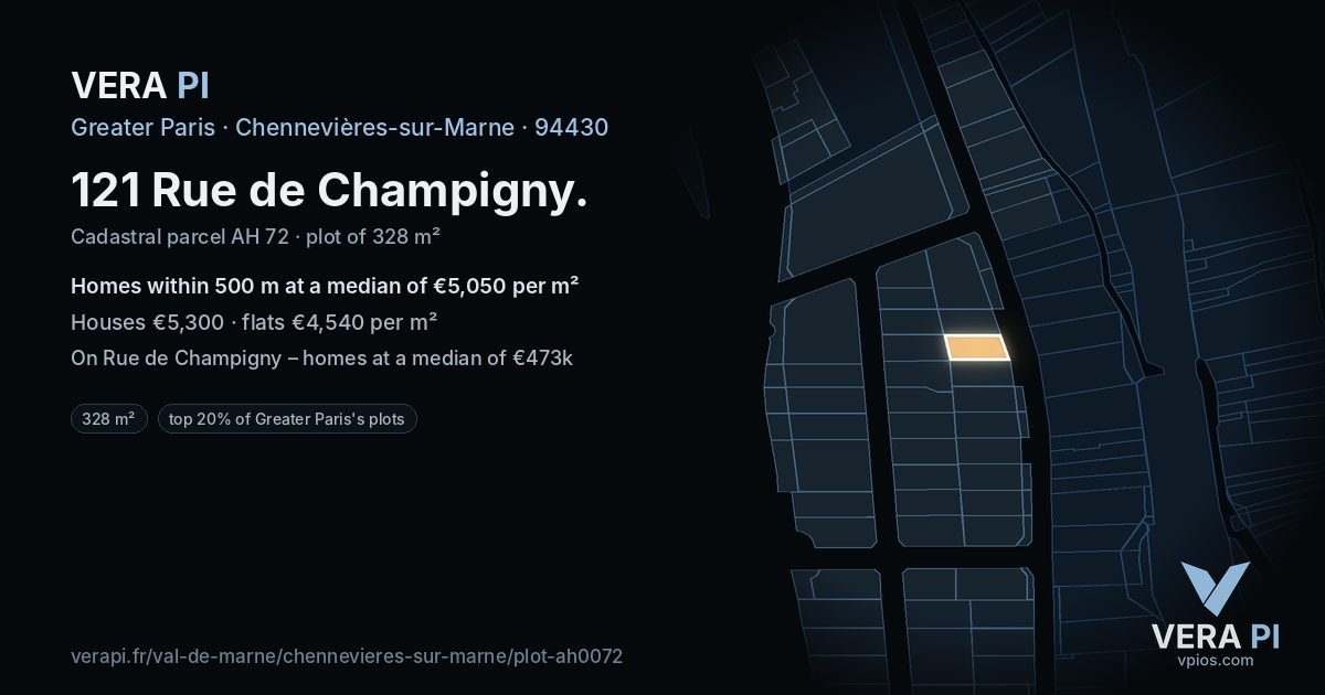 121 Rue de Champigny, Chennevières-sur-Marne at night – the plot lit, the parcels around coloured by the prices near them