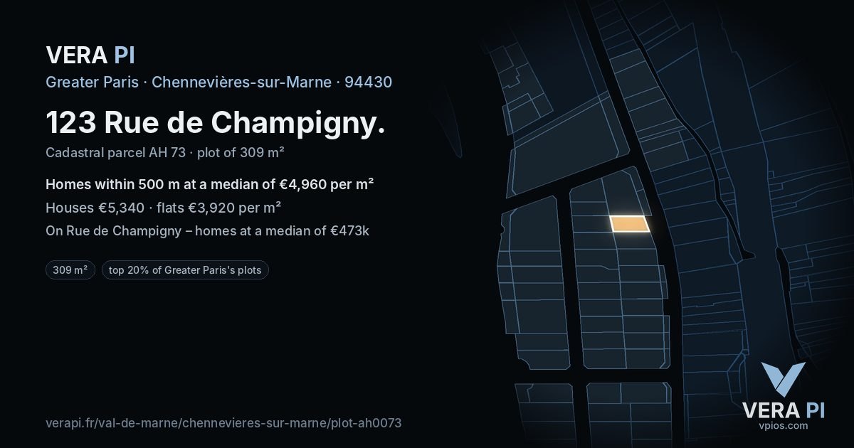 123 Rue de Champigny, Chennevières-sur-Marne at night – the plot lit, the parcels around coloured by the prices near them