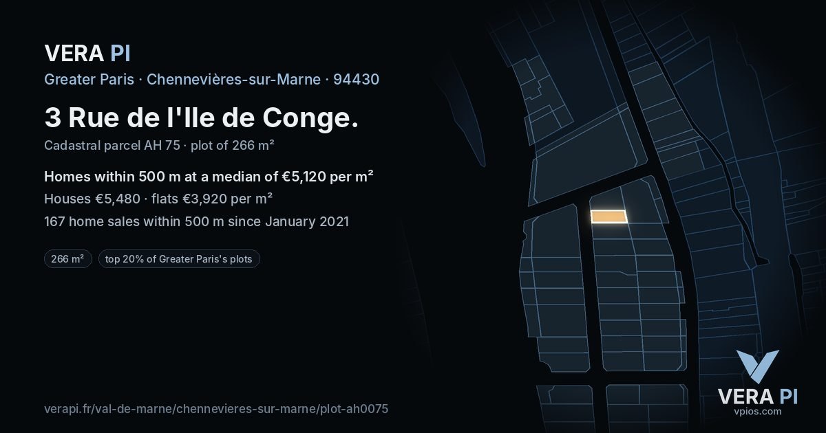 3 Rue de l'Ile de Conge, Chennevières-sur-Marne at night – the plot lit, the parcels around coloured by the prices near them