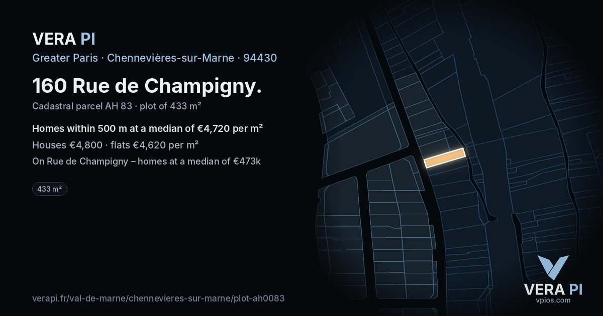 160 Rue de Champigny, Chennevières-sur-Marne at night – the plot lit, the parcels around coloured by the prices near them