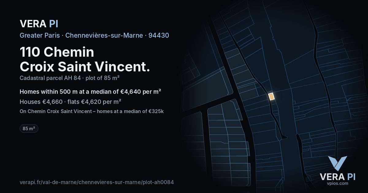 110 Chemin Croix Saint Vincent, Chennevières-sur-Marne at night – the plot lit, the parcels around coloured by the prices near them