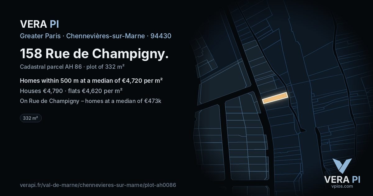158 Rue de Champigny, Chennevières-sur-Marne at night – the plot lit, the parcels around coloured by the prices near them