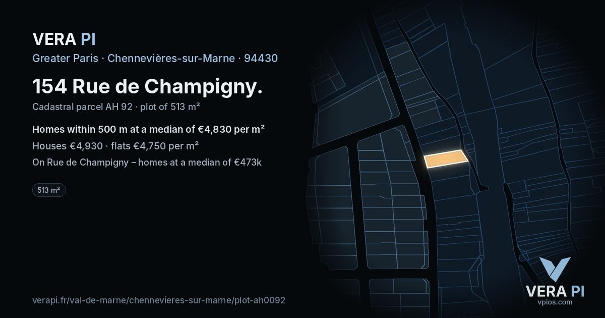 154 Rue de Champigny, Chennevières-sur-Marne at night – the plot lit, the parcels around coloured by the prices near them