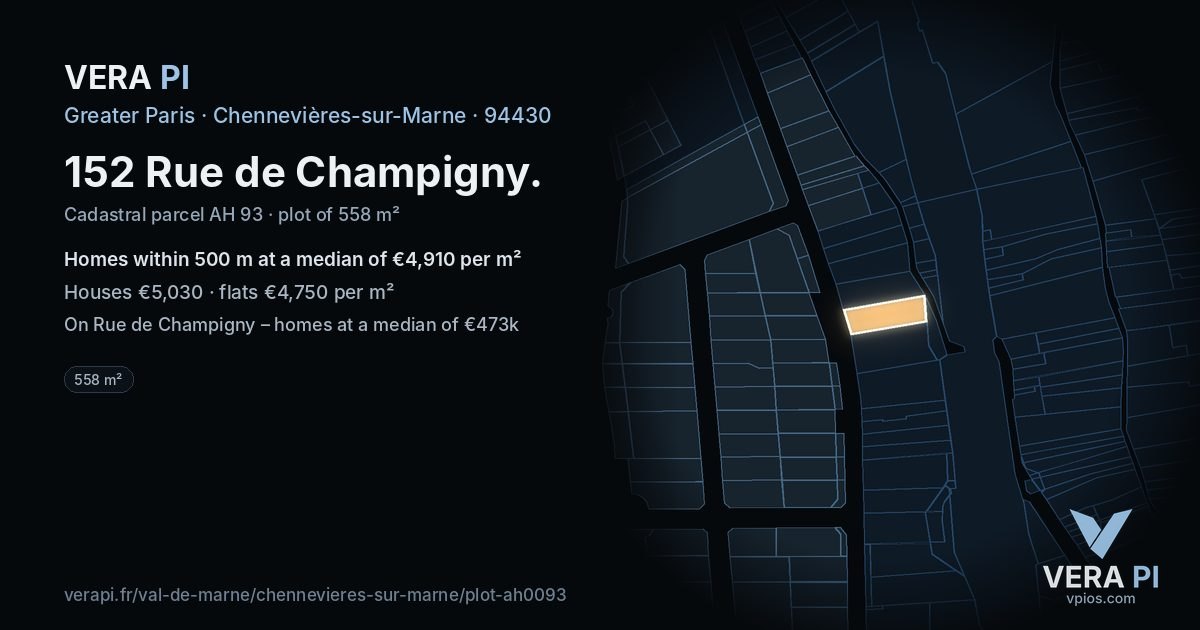 152 Rue de Champigny, Chennevières-sur-Marne at night – the plot lit, the parcels around coloured by the prices near them