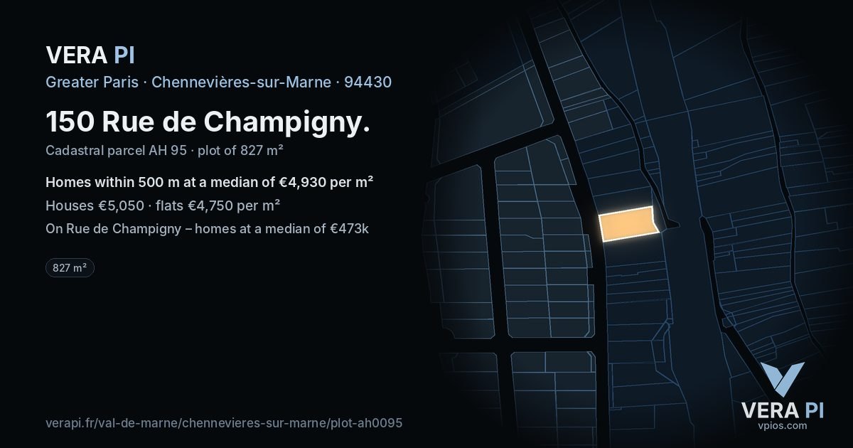 150 Rue de Champigny, Chennevières-sur-Marne at night – the plot lit, the parcels around coloured by the prices near them