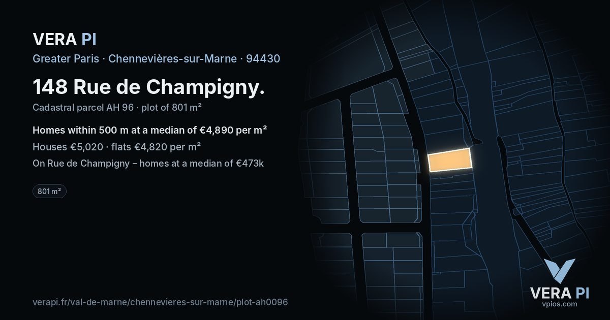 148 Rue de Champigny, Chennevières-sur-Marne at night – the plot lit, the parcels around coloured by the prices near them