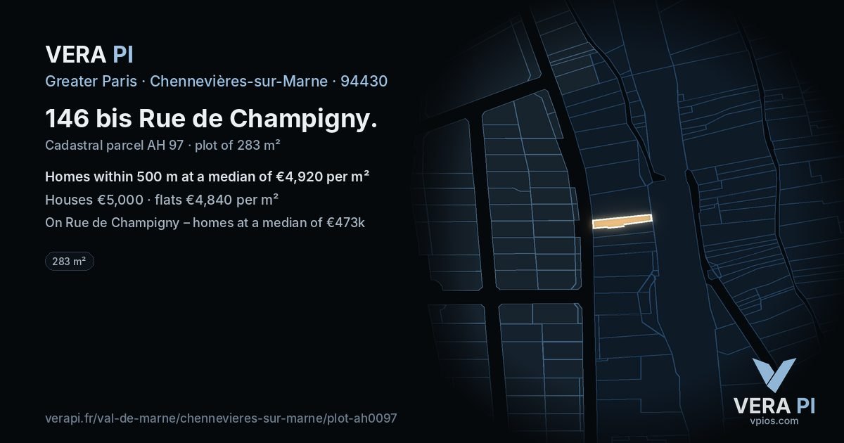 146 bis Rue de Champigny, Chennevières-sur-Marne at night – the plot lit, the parcels around coloured by the prices near them