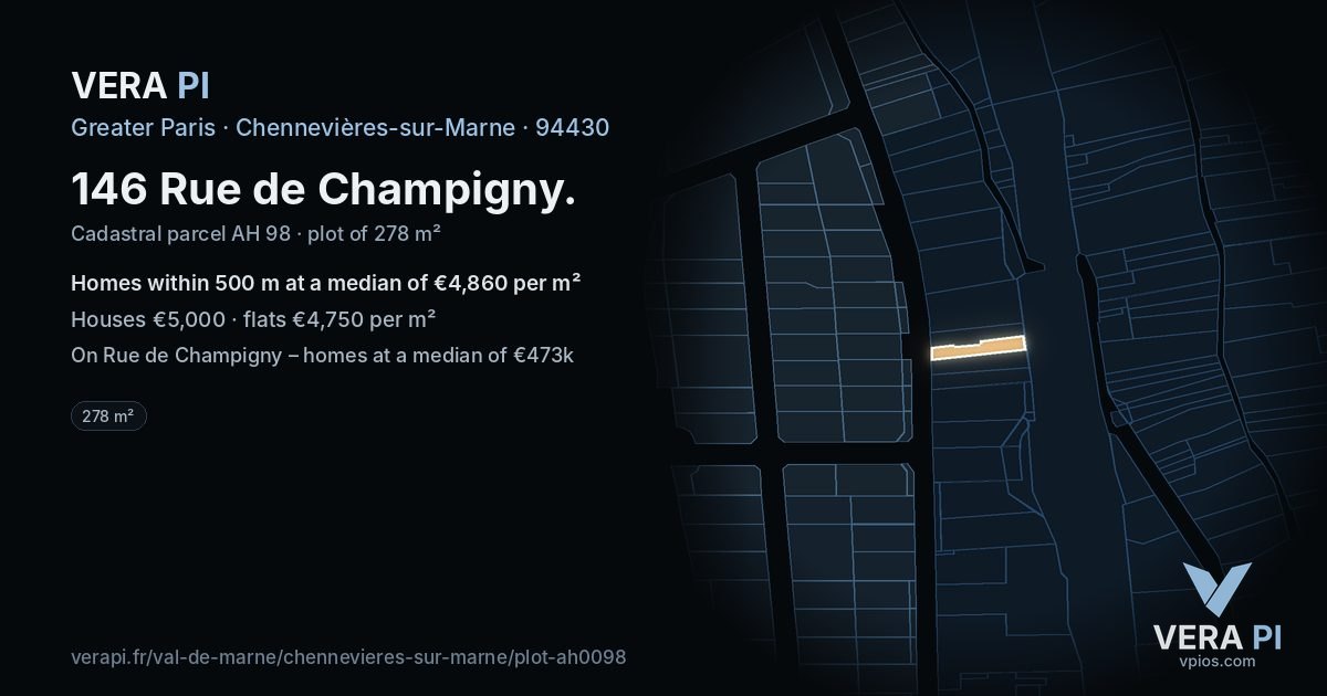 146 Rue de Champigny, Chennevières-sur-Marne at night – the plot lit, the parcels around coloured by the prices near them