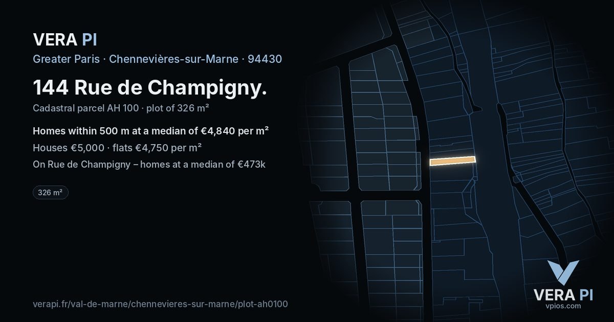 144 Rue de Champigny, Chennevières-sur-Marne at night – the plot lit, the parcels around coloured by the prices near them