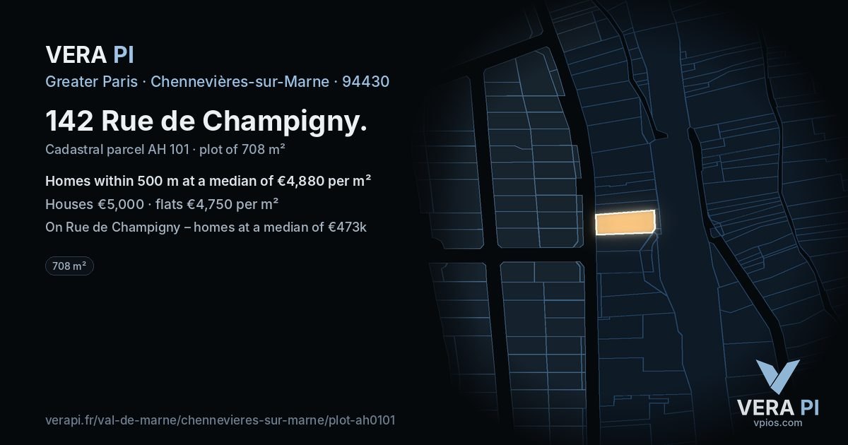 142 Rue de Champigny, Chennevières-sur-Marne at night – the plot lit, the parcels around coloured by the prices near them