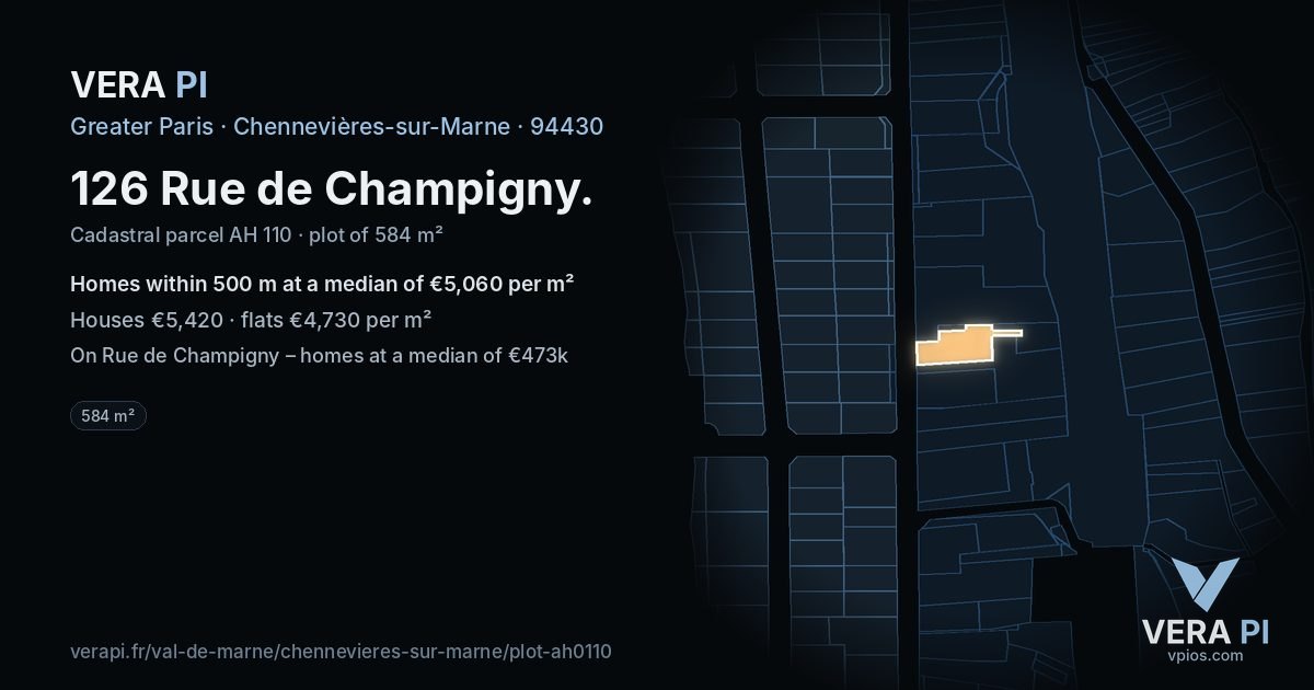 126 Rue de Champigny, Chennevières-sur-Marne at night – the plot lit, the parcels around coloured by the prices near them