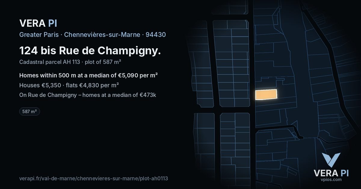 124 bis Rue de Champigny, Chennevières-sur-Marne at night – the plot lit, the parcels around coloured by the prices near them