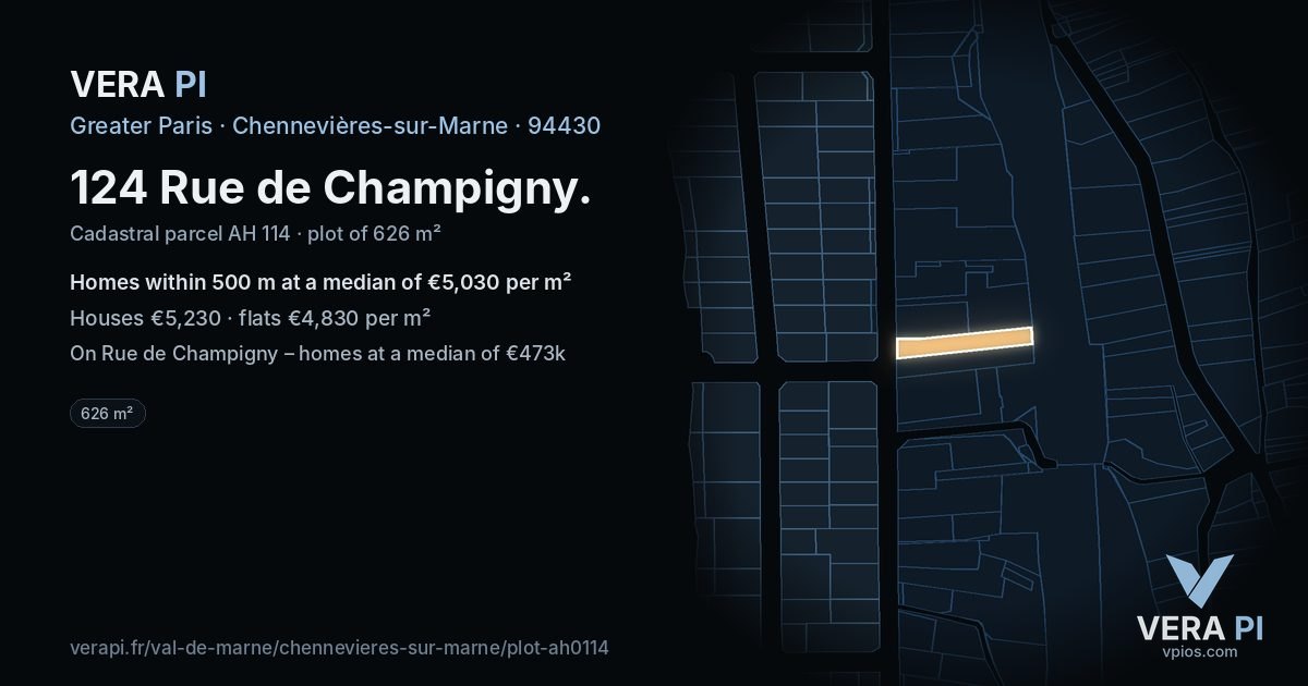 124 Rue de Champigny, Chennevières-sur-Marne at night – the plot lit, the parcels around coloured by the prices near them
