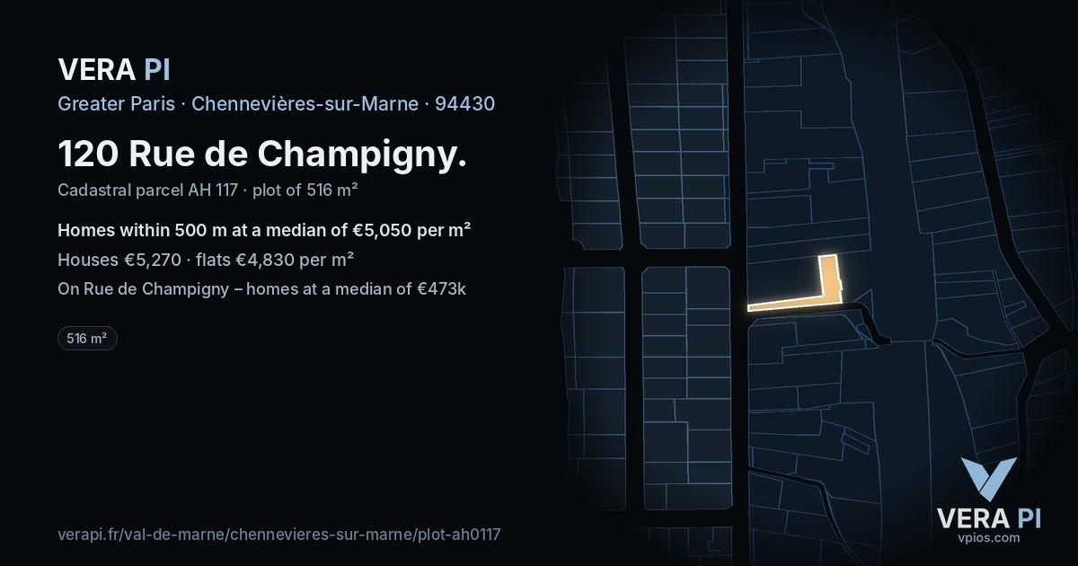 120 Rue de Champigny, Chennevières-sur-Marne at night – the plot lit, the parcels around coloured by the prices near them