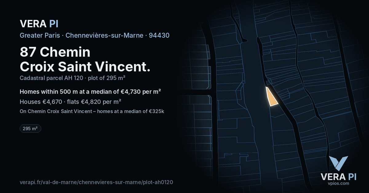 87 Chemin Croix Saint Vincent, Chennevières-sur-Marne at night – the plot lit, the parcels around coloured by the prices near them