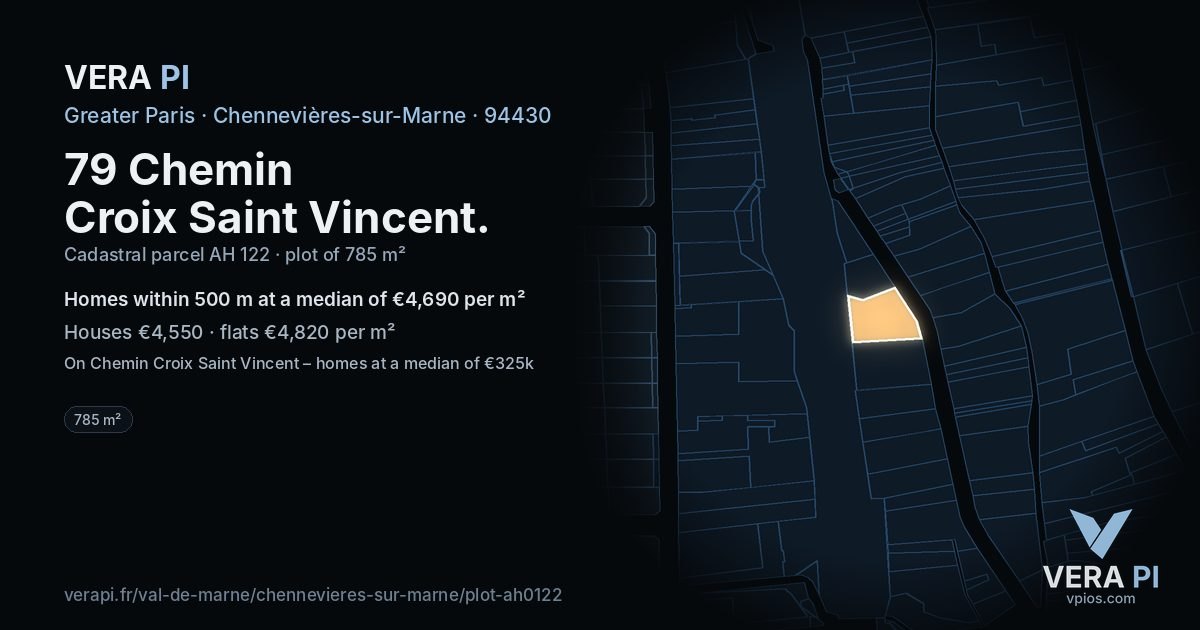 79 Chemin Croix Saint Vincent, Chennevières-sur-Marne at night – the plot lit, the parcels around coloured by the prices near them