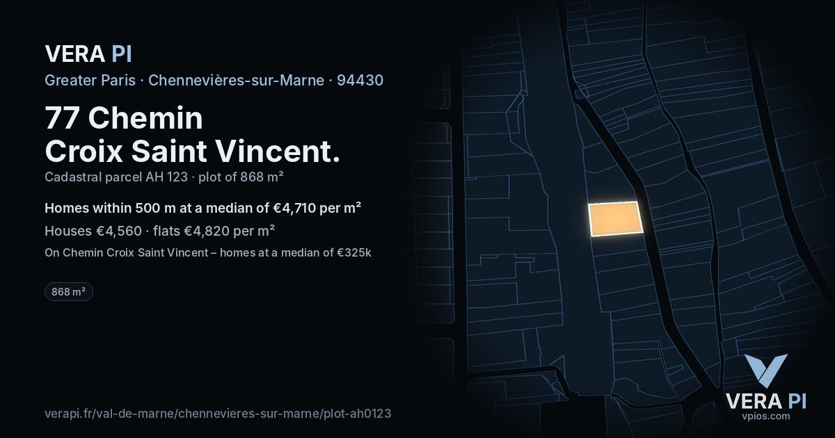 77 Chemin Croix Saint Vincent, Chennevières-sur-Marne at night – the plot lit, the parcels around coloured by the prices near them