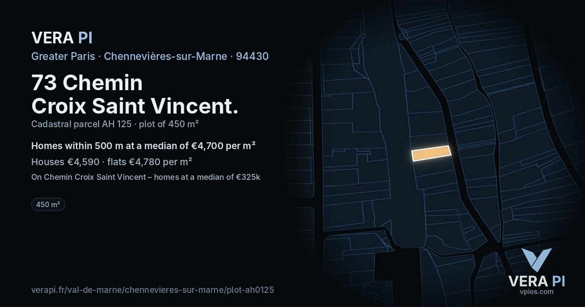 73 Chemin Croix Saint Vincent, Chennevières-sur-Marne at night – the plot lit, the parcels around coloured by the prices near them