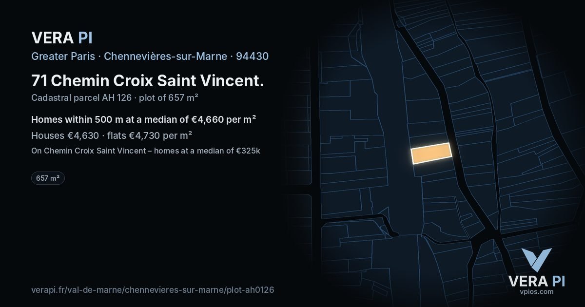 71 Chemin Croix Saint Vincent, Chennevières-sur-Marne at night – the plot lit, the parcels around coloured by the prices near them