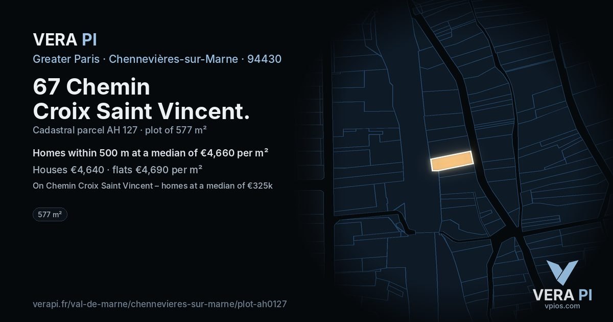 67 Chemin Croix Saint Vincent, Chennevières-sur-Marne at night – the plot lit, the parcels around coloured by the prices near them