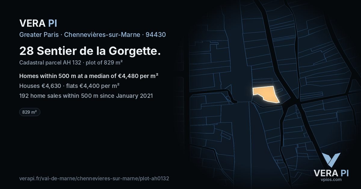 28 Sentier de la Gorgette, Chennevières-sur-Marne at night – the plot lit, the parcels around coloured by the prices near them