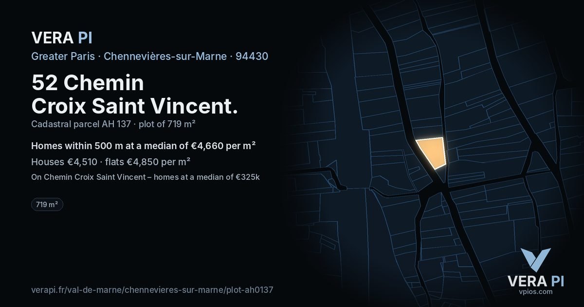 52 Chemin Croix Saint Vincent, Chennevières-sur-Marne at night – the plot lit, the parcels around coloured by the prices near them
